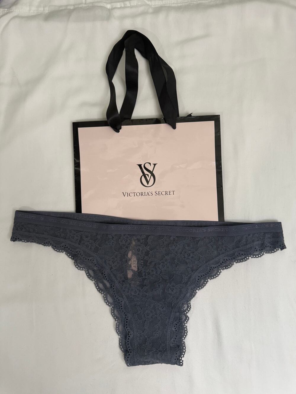 NWT Victoria’s Secret “Itsy” Sheer Lace Bikini Panty – Dark Gray – Size M – 2015